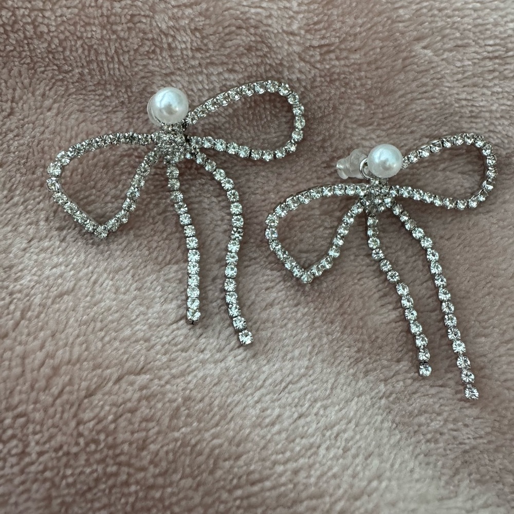 Silver Crystal Bow Earrings with Pearl Center